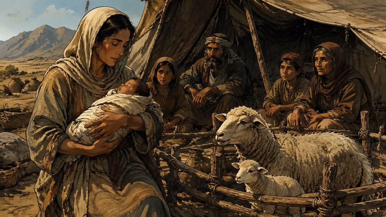 Exodus 13:1-2. Consecrate every firstborn. Disclosed instructional illustration: a Hebrew mother holds her swaddled firstborn beside a small livestock enclosure containing a ewe and lamb, her household listening quietly. Simple Bronze Age camp, no altar, priest, ceremony or visible divine figure. Bronze Age Exodus setting, not first-century staging. One 16:9 single scene. No text or lettering.