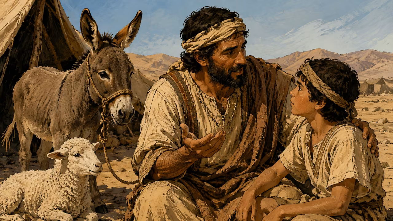 Exodus 13:11-16. Redeem the firstborn. Disclosed instructional illustration: Hebrew father speaks gently to his attentive young son beside a young donkey and a lamb in a desert camp. Focus on father explaining and son listening; animals unharmed, no invented ritual or later priestly costume. Bronze Age Exodus setting, not first-century staging. One 16:9 single scene. No text or lettering.