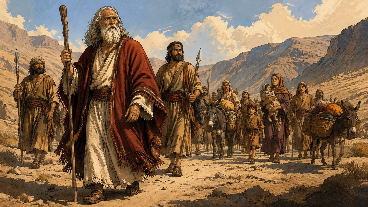 Exodus 13:17-18. By the wilderness way. Moses leads households along a broad wilderness track away from cultivated Egypt. Several able-bodied men carry simple Bronze Age spears at rest; women, children and laden donkeys travel together. No battle, no map, no signs, no Roman equipment. Bronze Age Exodus setting, not first-century staging. One 16:9 single scene. No text or lettering.