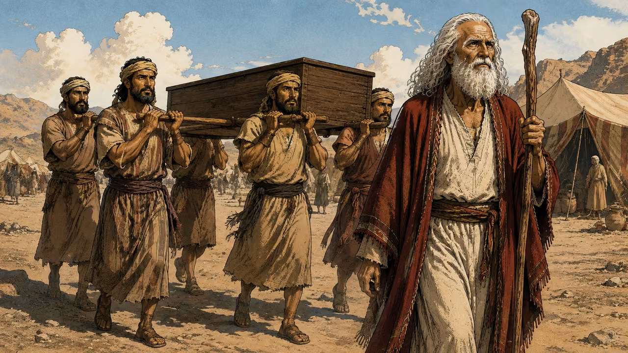 Exodus 13:19-19. Joseph's oath remembered. Moses walks beside four Hebrew men carrying a modest closed rectangular wooden coffin on two poles through a desert camp. Focus on careful respectful transport and Moses's solemn expression. Plain dark wood, no ornaments, no gold cherubim, not the Ark of the Covenant, no exposed bones or mummy. Bronze Age Exodus setting, not first-century staging. One 16:9 single scene. No text or lettering.