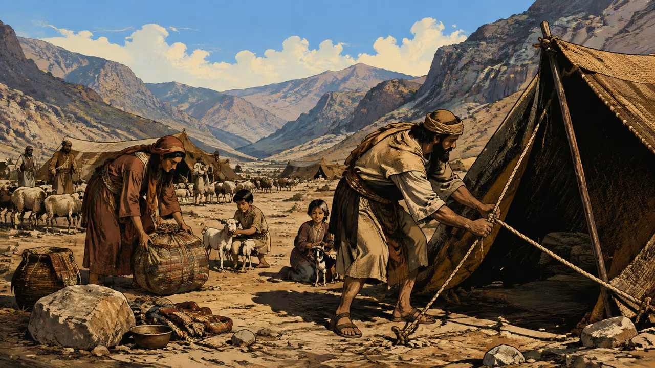 Exodus 13:20-20. Camp at Etham. Wide scene of Hebrew households setting up simple woven tents at the edge of a stony wilderness, a parent lowers baggage while another tightens a tent rope; children and livestock settle nearby. No monuments, no pyramids or elaborate tabernacle. Bronze Age Exodus setting, not first-century staging. One 16:9 single scene. No text or lettering.