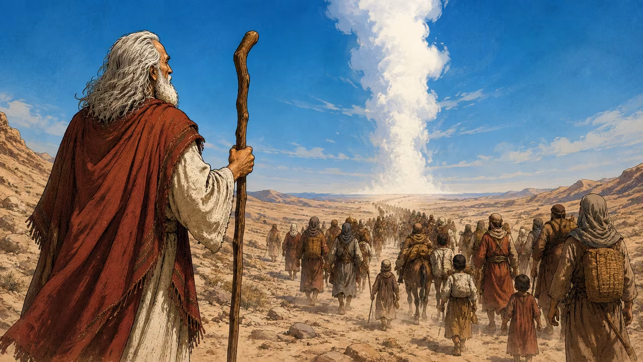 Exodus 13:21-21. The cloud goes before them. Wide daylight view from behind Moses and traveling Hebrew families toward a towering luminous pillar of white cloud leading ahead over the wilderness. Clear blue sky and sandy stone terrain, dust below feet; the pillar is cloud, not a tornado. No human face or body in cloud, no visible deity. Bronze Age Exodus setting, not first-century staging. One 16:9 single scene. No text or lettering.