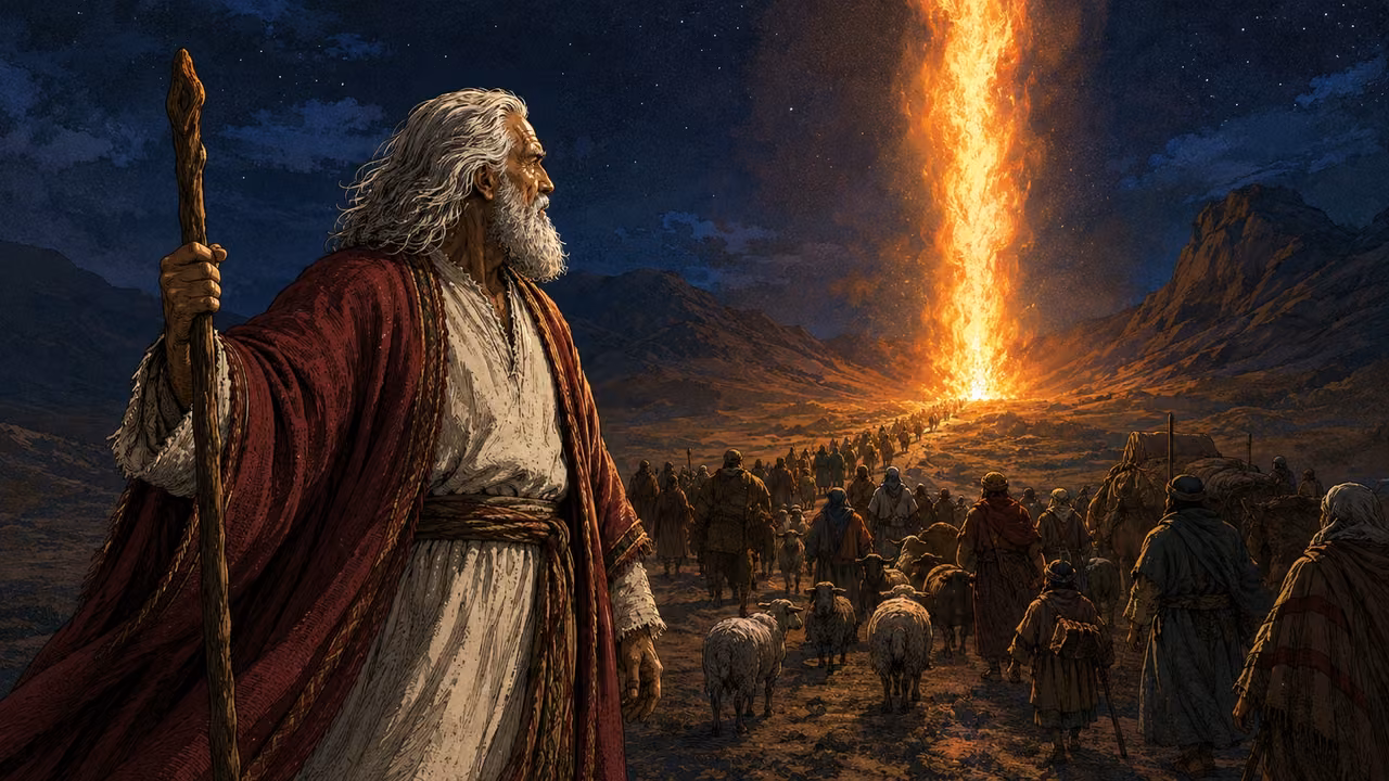 Exodus 13:22-22. Fire through the night. Wide night view of Moses and Hebrew households traveling with flocks toward a tall pillar of glowing fire ahead, lighting their path in warm orange against deep blue night. The fire stands beyond the people without burning anyone or destroying the landscape. No human silhouette, face or figure in the fire. Bronze Age Exodus setting, not first-century staging. One 16:9 single scene. No text or lettering.