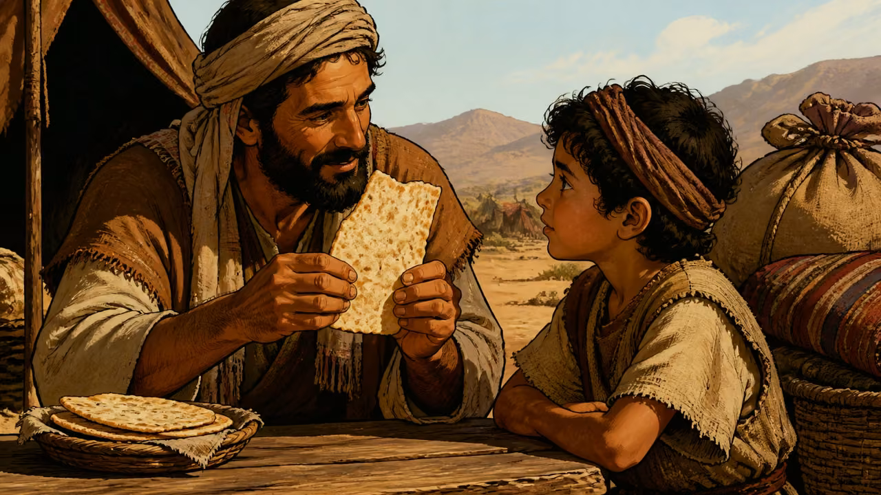 Exodus 13:3-10. Remember this day. Disclosed instructional illustration: a Hebrew parent shows thin unleavened bread to an attentive child beside a camp table, family travel bundles nearby. Warm daylight, close expressive faces and hands. No later religious objects or written symbols. Bronze Age Exodus setting, not first-century staging. One 16:9 single scene. No text or lettering.