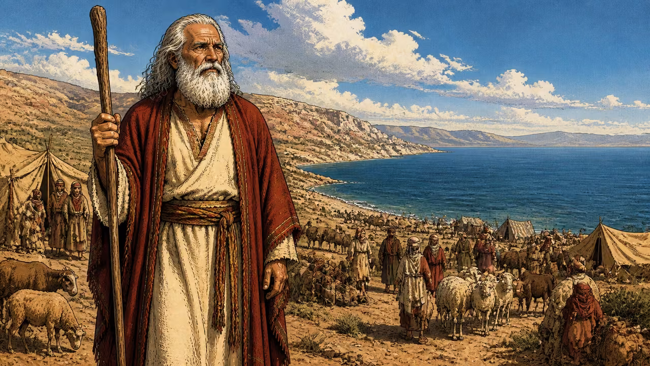 Exodus 14:1-4. Camp beside the sea. Wide view of Moses and Hebrew households establishing a camp beside an unbroken blue sea, arid ridges enclosing the inland approach. Tents and livestock on shore, no Egyptian pursuers visible yet, no map labels or invented monuments. Bronze Age Exodus setting, not first-century staging. One 16:9 single scene. No text or lettering.