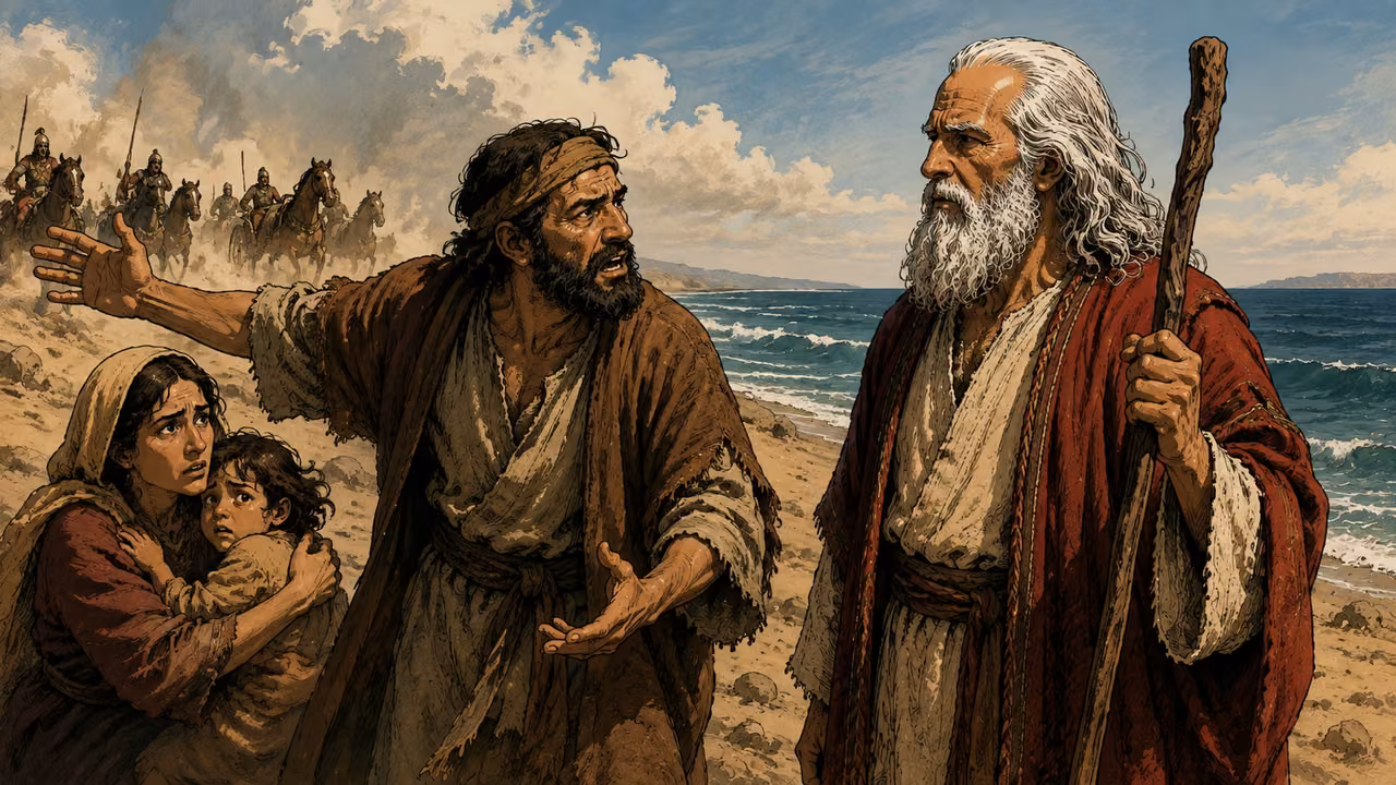 Exodus 14:10-12. Were there no graves in Egypt?. At the seashore an anxious Hebrew father gestures urgently toward distant dust from pursuing chariots while addressing Moses; a mother protects a child nearby. Fear and accusation in faces, canonical Moses listens steadily. Water remains unbroken behind them. Bronze Age Exodus setting, not first-century staging. One 16:9 single scene. No text or lettering.
