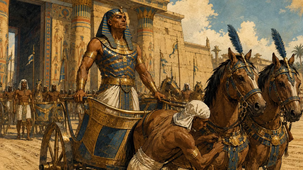 Exodus 14:5-8. Pharaoh harnesses his chariot. Pharaoh in his canonical blue-and-gold nemes stands in a light two-wheeled Bronze Age Egyptian chariot while attendants finish harnessing two horses; rows of chariots assemble in a palace forecourt. Dynamic determined posture, no Roman armor or modern tack. Bronze Age Exodus setting, not first-century staging. One 16:9 single scene. No text or lettering.