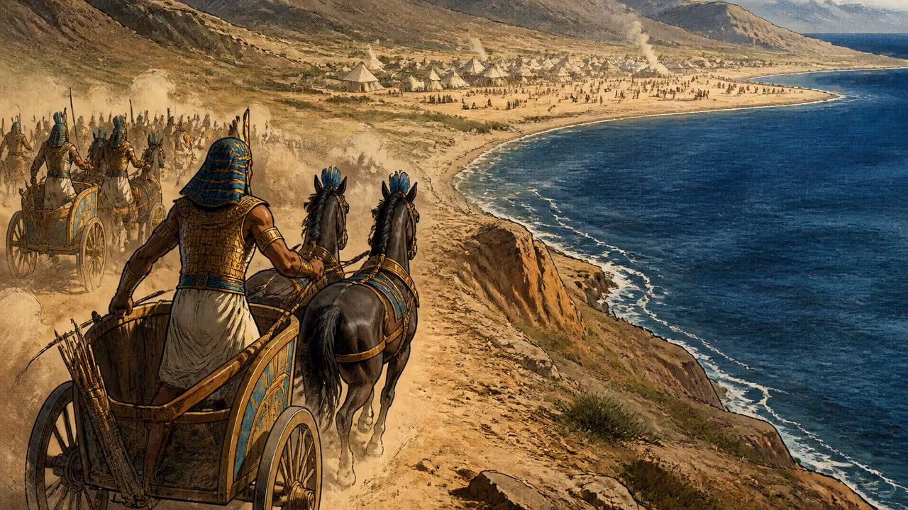 Exodus 14:9-9. Pursuit reaches the camp. High wide view showing a column of Egyptian two-wheeled horse chariots approaching a Hebrew camp beside an unbroken sea, dust rising behind the army. Camp and shoreline clearly ahead of approaching chariots; no battle contact and no parted water yet. Bronze Age Exodus setting, not first-century staging. One 16:9 single scene. No text or lettering.