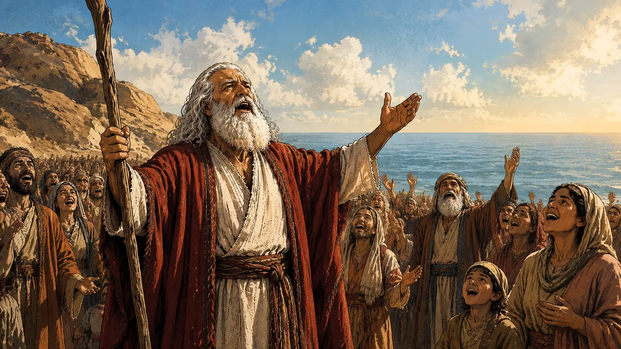 Exodus 15:1-5. I will sing to Yahweh. Moses and a broad gathering of Hebrew men and households sing reverently on the safe seashore in morning light. Moses with white hair, crimson mantle and staff, mouth naturally open in song, faces lifted with grateful joy. Calm sea behind, no instruments required, no lettering or speech bubbles. Bronze Age Exodus setting, not first-century staging. One 16:9 single scene. No text or lettering.