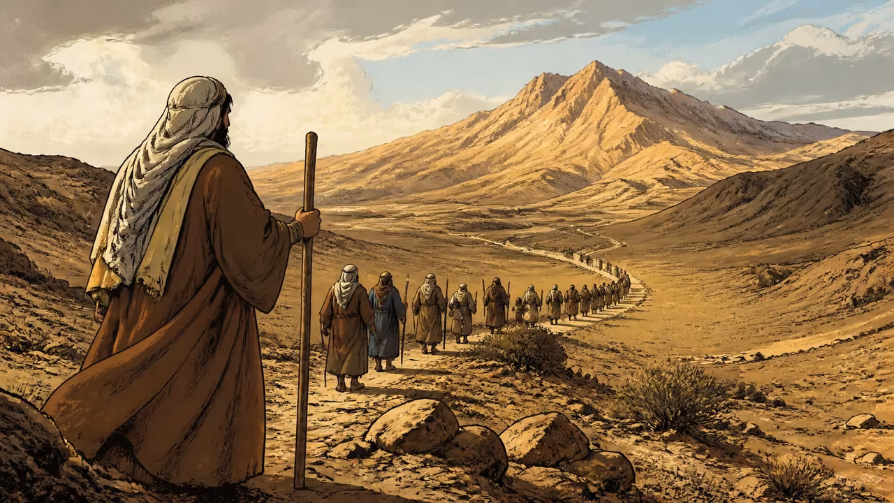 Exodus 15:11-18. Majestic in holiness. Disclosed poetic reflection on guidance and promised dwelling: a small line of Hebrew travelers on a winding wilderness path toward a distant sunlit mountain, seen in a vast quiet landscape. The mountain remains natural without a built temple or tabernacle. No literal divine body, hand, face or throne; no battle or invented terrified national leaders. Bronze Age Exodus setting, not first-century staging. One 16:9 single scene. No text or lettering.