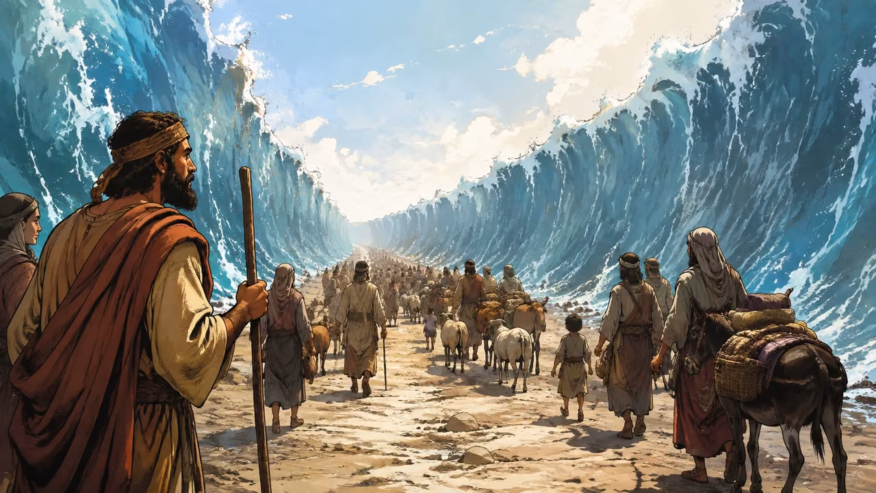 Exodus 15:19-19. Israel walked on dry ground. Disclosed retrospective illustration of the crossing: wide view from within a broad dry seabed passage of Hebrew households and livestock proceeding safely between blue water walls. No Egyptian army mixed among families, no invented new action, no text. Bronze Age Exodus setting, not first-century staging. One 16:9 single scene. No text or lettering.