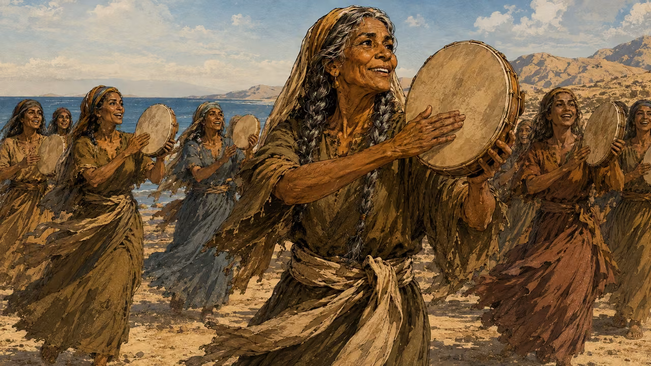 Exodus 15:20-21. Miriam answers in song. Elderly Miriam joyfully leads Hebrew women dancing with simple round skin hand drums on the safe shore. Show vigorous dignified movement, naturally placed hands tapping drums and flowing modest garments. No modern tambourine hardware, no lettering, calm sea and morning light. Bronze Age Exodus setting, not first-century staging. One 16:9 single scene. No text or lettering.