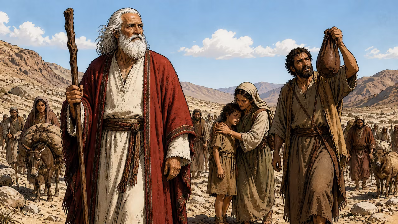 Exodus 15:22-22. Three days without water. Moses leads tired Hebrew families and livestock across a barren stony wilderness in harsh daylight. A traveler tilts an empty leather waterskin, a parent supports a weary child; no pools or palm oasis visible. Heat and fatigue without graphic suffering. Bronze Age Exodus setting, not first-century staging. One 16:9 single scene. No text or lettering.