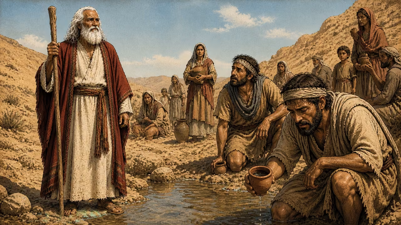 Exodus 15:23-24. The water is bitter. Beside a small barren desert pool, a Hebrew man lowers a clay cup with a disappointed grimace after tasting bitter water while another turns anxiously toward Moses. Thirsty families wait. Sparse scrub, no date palms, no Elim oasis, no poisonous green glow. Bronze Age Exodus setting, not first-century staging. One 16:9 single scene. No text or lettering.