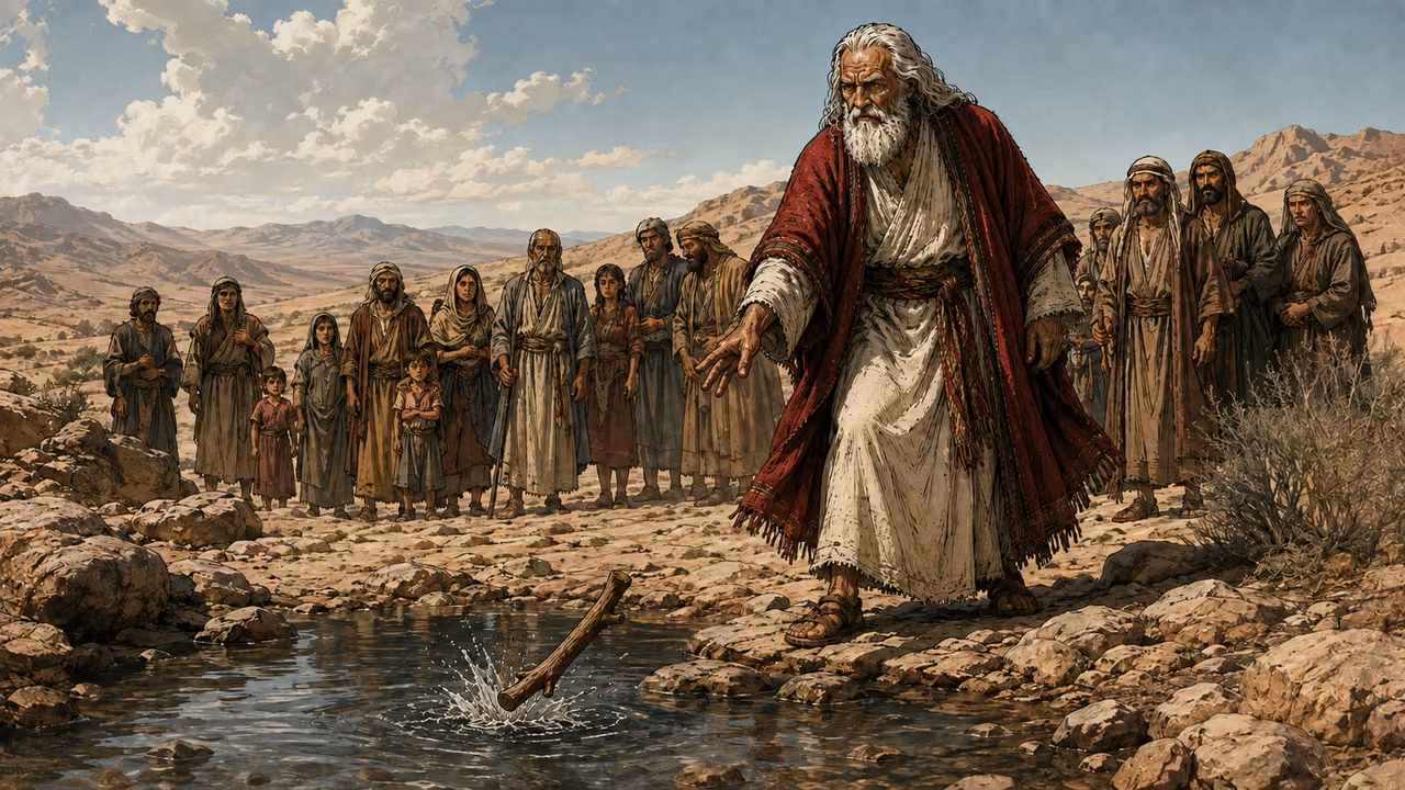 Exodus 15:25-25. Wood into the water. Moses casts a rough branch of wood into the small Marah pool, the wood just meeting the surface with a modest splash. Waiting Hebrew families watch behind him in the barren wilderness. Canonical face and crimson mantle; no magical colored glow, no cross-shaped wood, no Elim palms. Bronze Age Exodus setting, not first-century staging. One 16:9 single scene. No text or lettering.