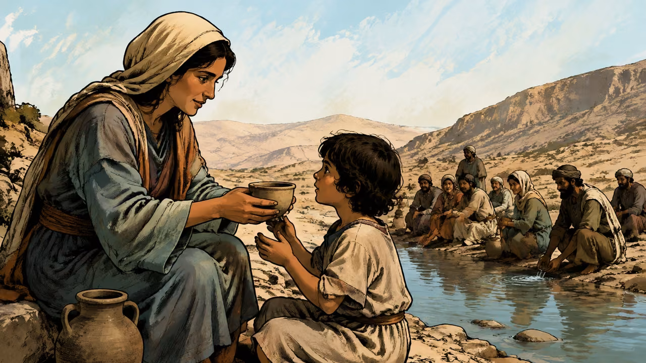 Exodus 15:26-26. Listen and obey. Disclosed instructional reflection: calm Hebrew households resting beside the now drinkable Marah water, an adult offers a plain clay cup to a child. Peaceful relief and attentive faces, barren desert background. No miraculous beam, medical props, human deity or invented healing ritual. Bronze Age Exodus setting, not first-century staging. One 16:9 single scene. No text or lettering.