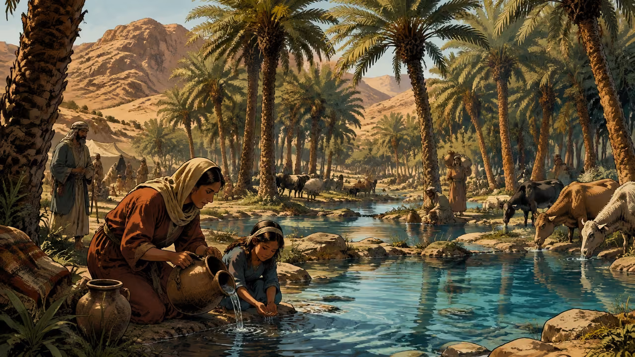 Exodus 15:27-27. The springs of Elim. Wide restful oasis view: many date palms and several clear spring-fed pools among them, Hebrew families set up camp by water and livestock drink. Lush green fronds and blue water contrast with surrounding arid wilderness. Broad grove extends beyond frame, no attempt at a diagram or numbered tree count, no lettering. Bronze Age Exodus setting, not first-century staging. One 16:9 single scene. No text or lettering.