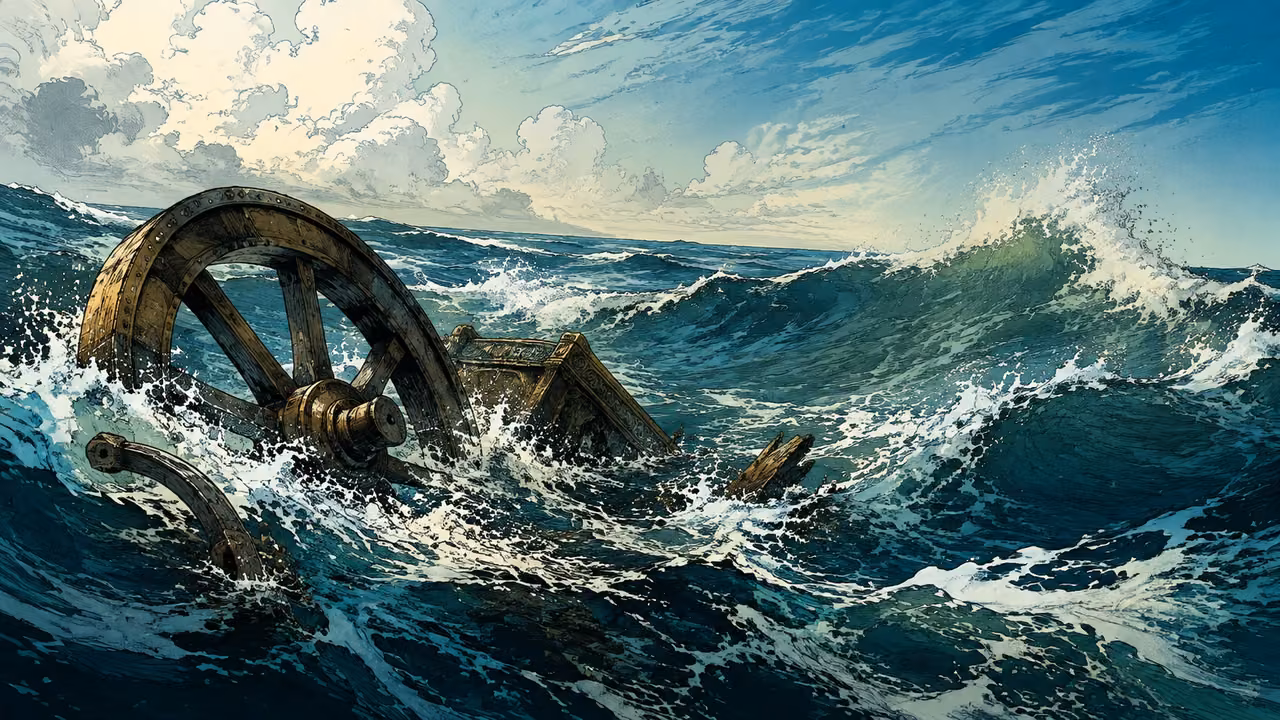 Exodus 15:6-10. The mighty waters. Disclosed poetic reflection: dramatic sweeping blue sea and white foam around a half-submerged broken Egyptian chariot wheel, wind sweeping the surface under a clearing sky. No bodies, no human-shaped divine hand or face, no invented supernatural warrior. One symbolic sea vista, not a new historical event. Bronze Age Exodus setting, not first-century staging. One 16:9 single scene. No text or lettering.