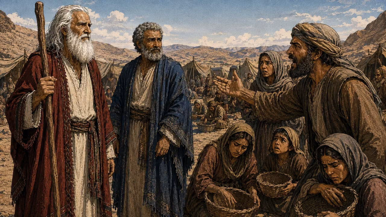 Exodus 16:1-3. Hunger in the wilderness. Hungry Hebrew families gather around nearly empty food baskets at a barren wilderness camp, a frustrated adult addresses Moses and Aaron. Both leaders match canonical references. No palm oasis, no manna or quail yet, expressive but dignified distress. Bronze Age Exodus setting, not first-century staging. One 16:9 single scene. No text or lettering.