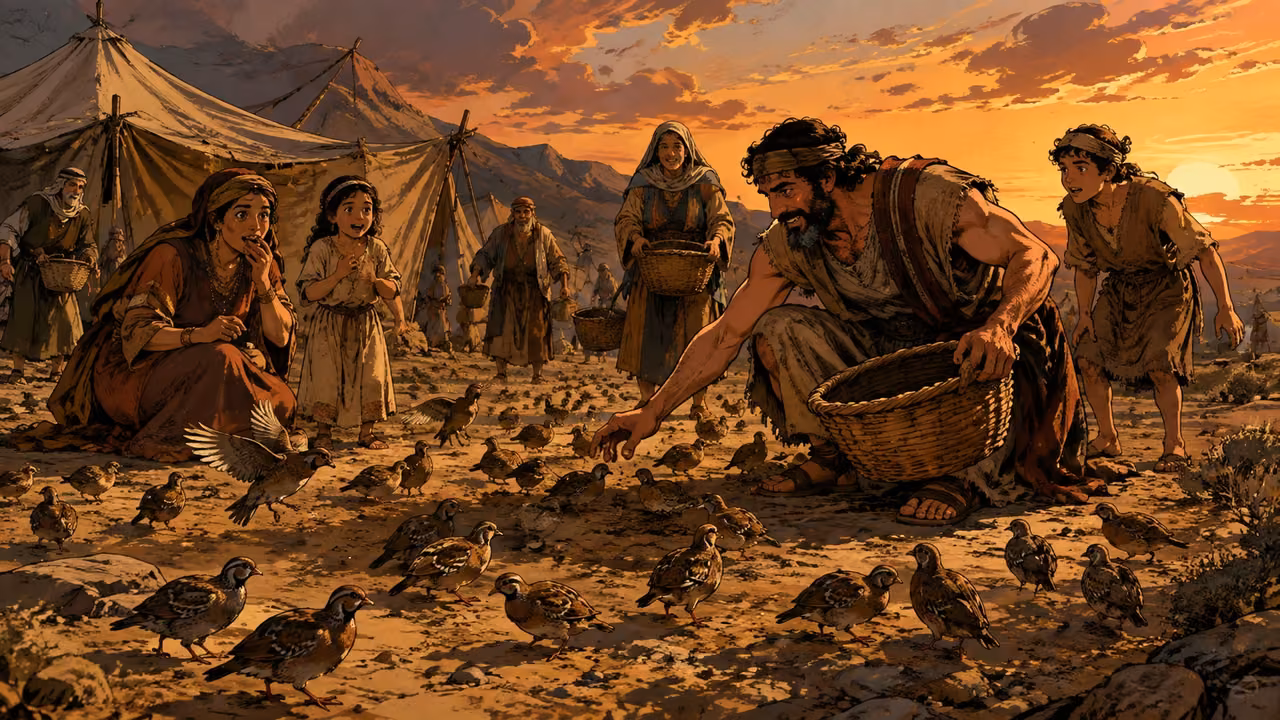 Exodus 16:13-13. Quail at evening. At warm dusk many small brown quail settle on the ground among Hebrew tents, a few flutter down as amazed families watch and adults approach with baskets. Correct small plump quail, not chickens, pigeons or giant birds. No nets, no graphic killing, no manna mixed into this evening scene. Bronze Age Exodus setting, not first-century staging. One 16:9 single scene. No text or lettering.