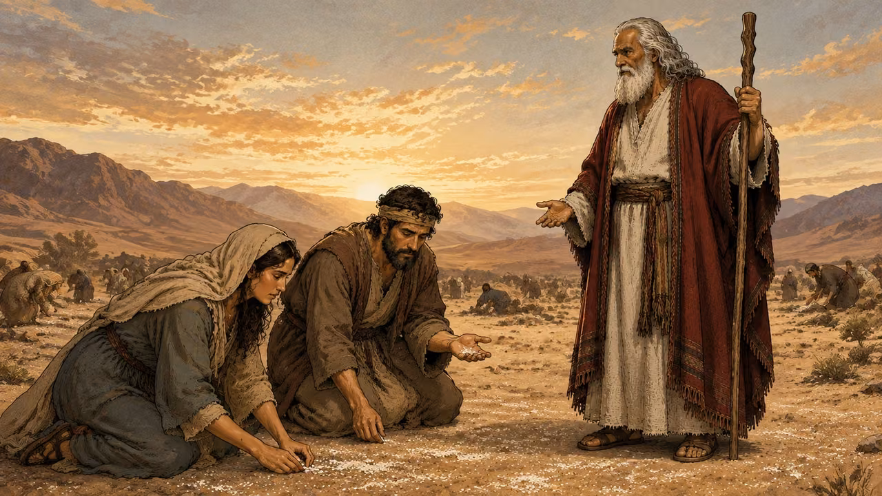 Exodus 16:14-15. What is it?. At early dawn a kneeling Hebrew woman and man examine tiny pale frost-like flakes across the desert ground, one holds a small pinch in an open palm with a questioning look. Moses stands nearby explaining. Manna is tiny fine flakes, not whole bread loaves or popcorn, no snowdrifts. Bronze Age Exodus setting, not first-century staging. One 16:9 single scene. No text or lettering.