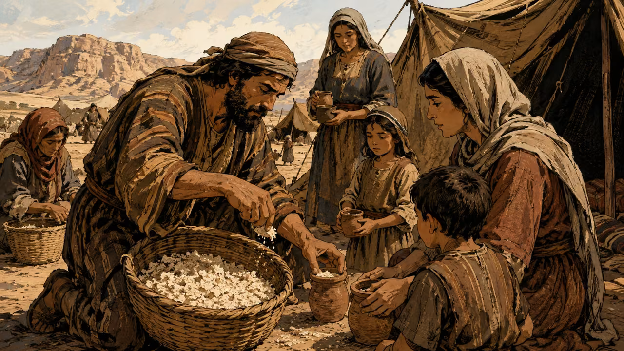 Exodus 16:16-18. Enough for each household. Hebrew adults portion tiny pale manna flakes from reed baskets into plain clay measuring vessels outside their tents, a parent counts portions for waiting household members. Focus on fair measured sharing, natural hands, modest quantities. No scales with numbers, coins, labels or modern containers. Bronze Age Exodus setting, not first-century staging. One 16:9 single scene. No text or lettering.