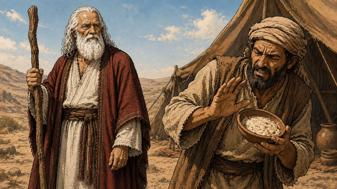 Exodus 16:19-20. Left until morning. In morning light a Hebrew man recoils from a small open clay bowl of spoiled pale manna with a few tiny worms visible, holding it away from his face; Moses looks sternly toward him. Restrained small-scale depiction, no grotesque infestation, no wounds, no other household food spoiled. Bronze Age Exodus setting, not first-century staging. One 16:9 single scene. No text or lettering.