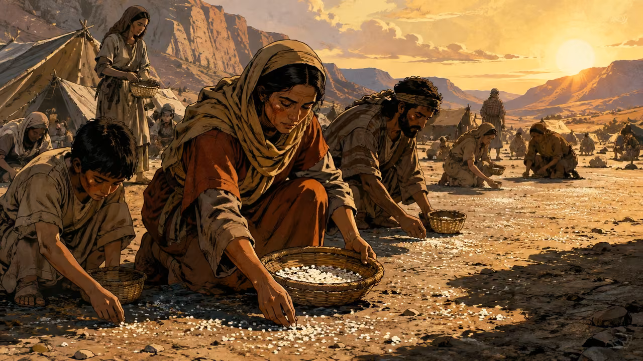 Exodus 16:21-21. Gather in the morning. Low early-morning sun over a wilderness camp, families crouch gathering tiny white manna flakes into reed baskets from shaded ground, while nearby sunlit patches are becoming bare. No snowfall or flying loaves, no modern farming tools, clear ordinary gathering action. Bronze Age Exodus setting, not first-century staging. One 16:9 single scene. No text or lettering.