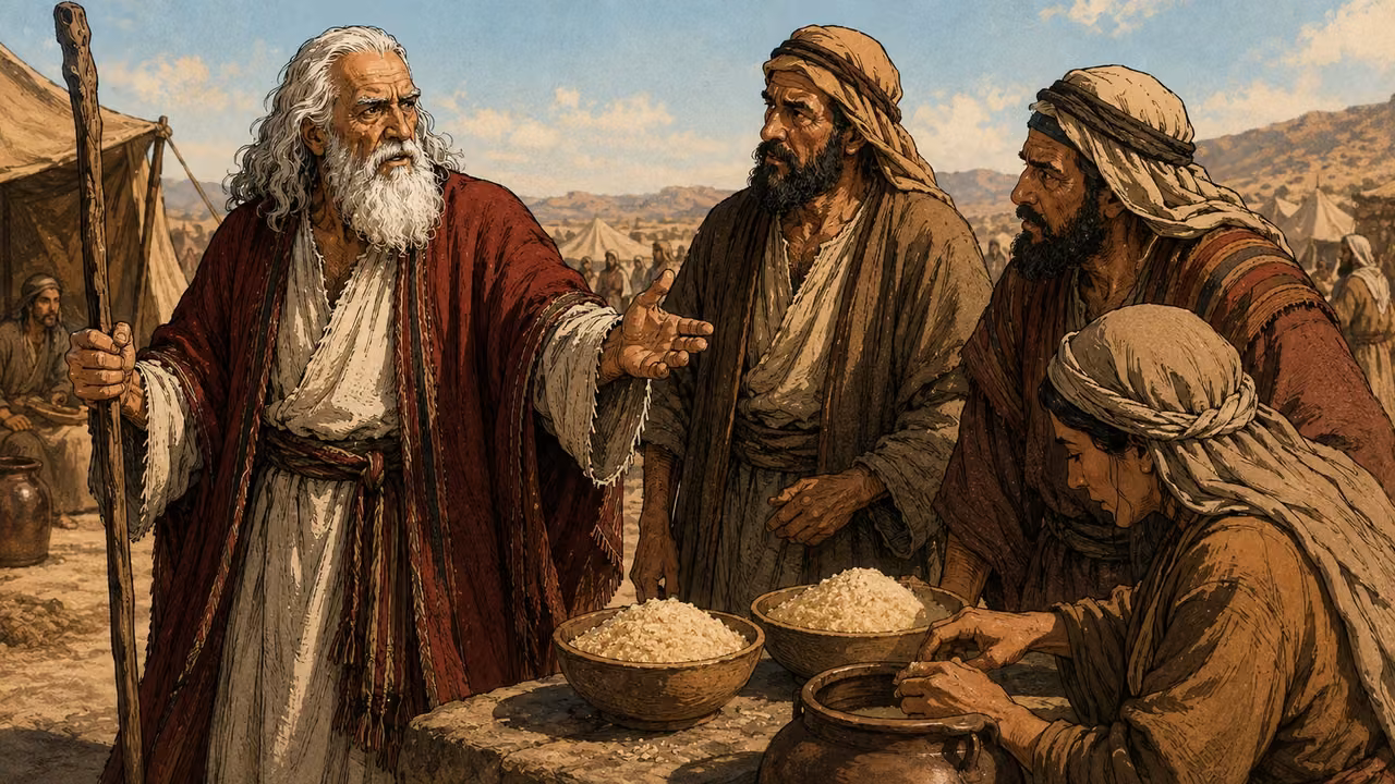 Exodus 16:22-23. A double portion. On the sixth day a Hebrew household prepares a larger measured manna supply beside a simple clay cooking pot and flat baking stone, two filled plain measuring bowls prominent. Moses explains the coming rest to two leaders nearby. Modest camp setting, no modern oven, no numbers or lettering. Bronze Age Exodus setting, not first-century staging. One 16:9 single scene. No text or lettering.