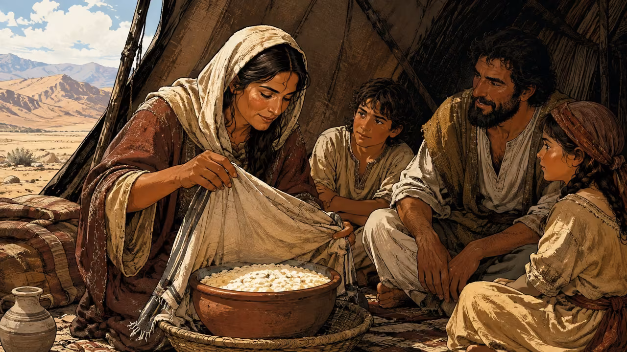 Exodus 16:24-26. The stored portion remains good. Sabbath morning at a Hebrew tent entrance: a woman lifts a cloth from a clay bowl of clean pale manna kept from the previous day; her family sits nearby ready to share it. Calm relieved faces, no worms, no active gathering or cooking, no modern objects. Bronze Age Exodus setting, not first-century staging. One 16:9 single scene. No text or lettering.
