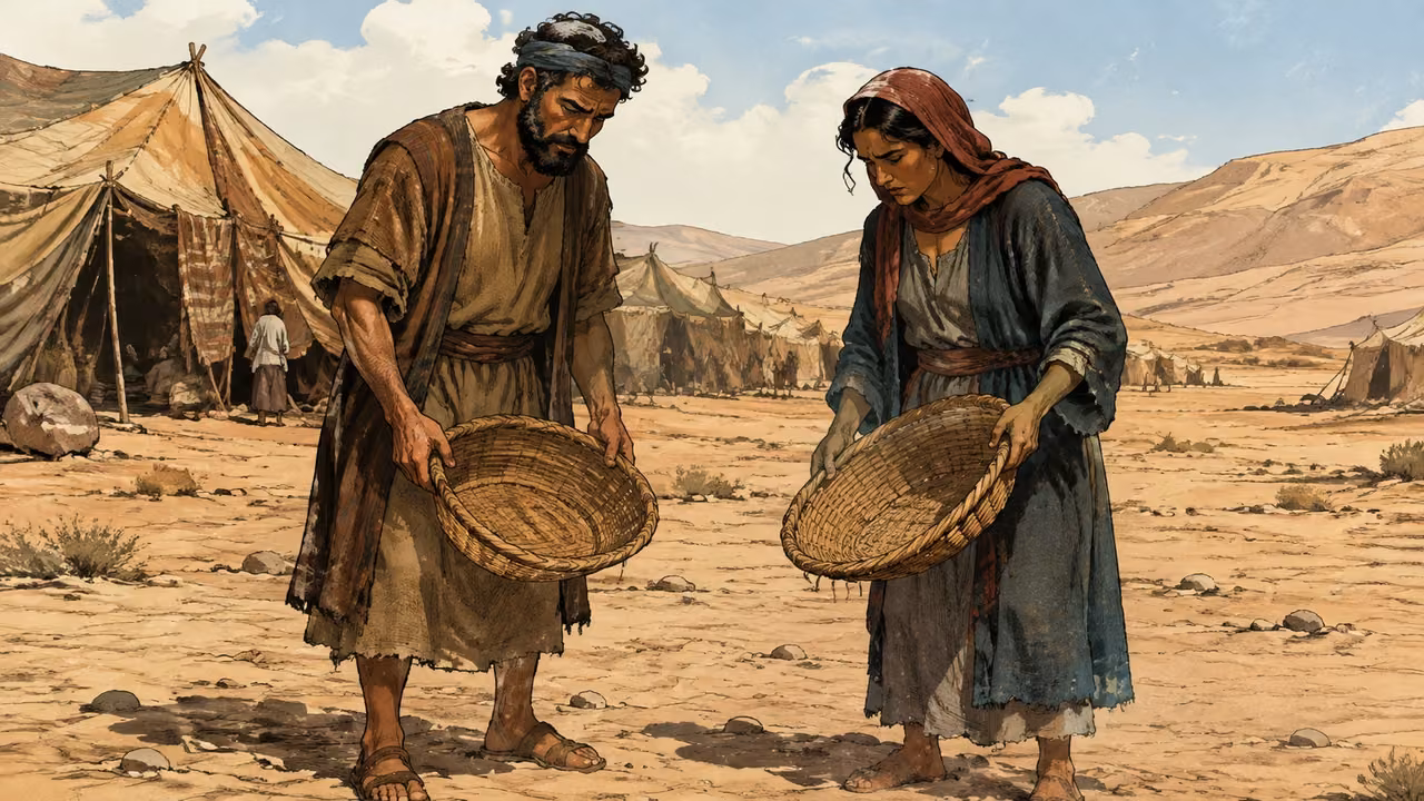 Exodus 16:27-27. They found none. Two puzzled Hebrew adults stand outside the camp holding empty reed gathering baskets, looking down at bare desert ground with no manna. Tents visible behind them; modest ordinary clothing, no supernatural punishment or invented confrontation. Bronze Age Exodus setting, not first-century staging. One 16:9 single scene. No text or lettering.