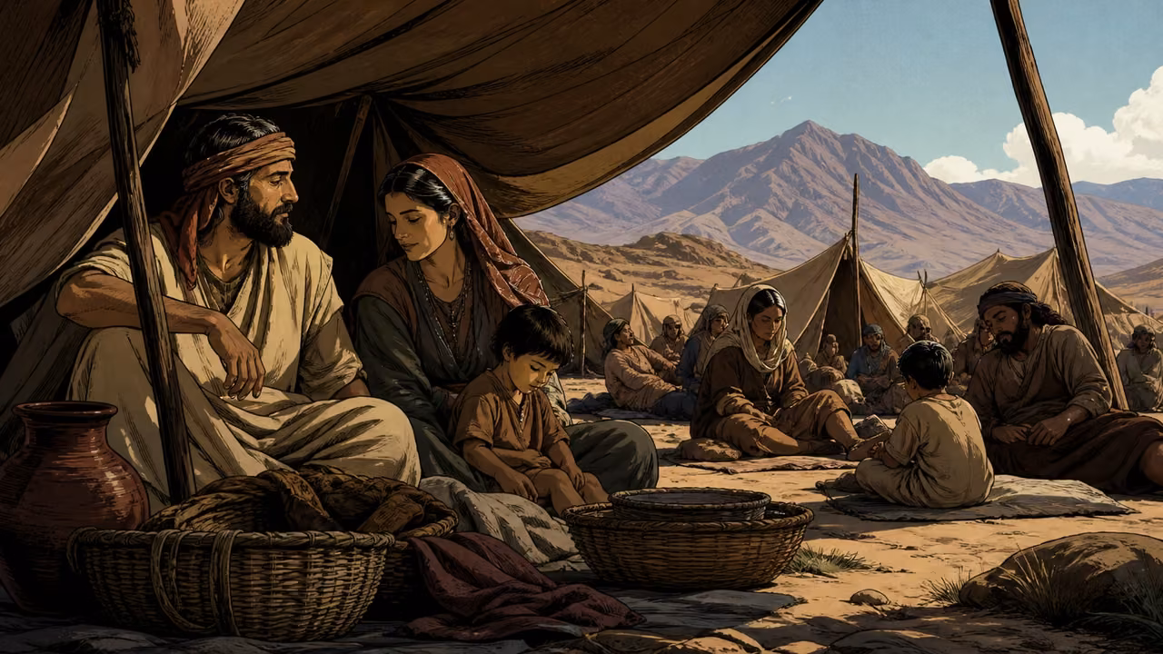 Exodus 16:28-30. The people rested. Quiet Sabbath camp with Hebrew households resting together in tent shade, baskets set aside and children sitting with parents. Peaceful stillness, no gathering, no labor, no burning cooking fire. No later synagogue, scroll reading ceremony or modern ritual props. Bronze Age Exodus setting, not first-century staging. One 16:9 single scene. No text or lettering.