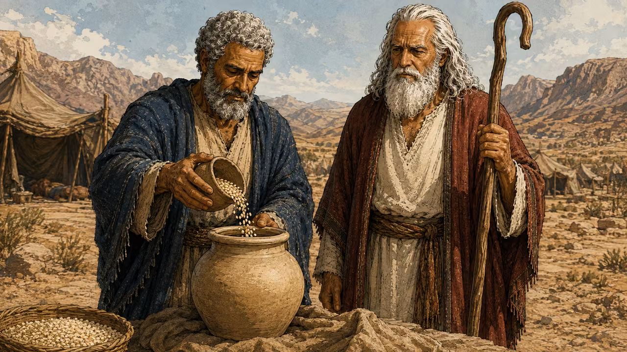 Exodus 16:31-34. A jar for the generations. Aaron carefully pours small pale coriander-seed-like manna into a plain opaque clay storage jar using a simple measuring vessel, Moses beside him. Both retain pre-priesthood canonical clothing. No transparent glass, no gold Ark, no built Tabernacle, no priestly breastpiece, no lettering. Depict jar preparation, not its later placement before the testimony. Bronze Age Exodus setting, not first-century staging. One 16:9 single scene. No text or lettering.