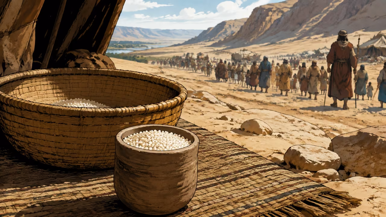 Exodus 16:35-36. Bread through the wilderness years. Disclosed editorial reflection: close foreground of a modest clay measuring cup filled with tiny white manna beside a larger reed grain basket on a woven mat, wilderness camp and a long traveling procession soft in the distance. No numbers, no map, no calendars or text; not an invented new event. Bronze Age Exodus setting, not first-century staging. One 16:9 single scene. No text or lettering.