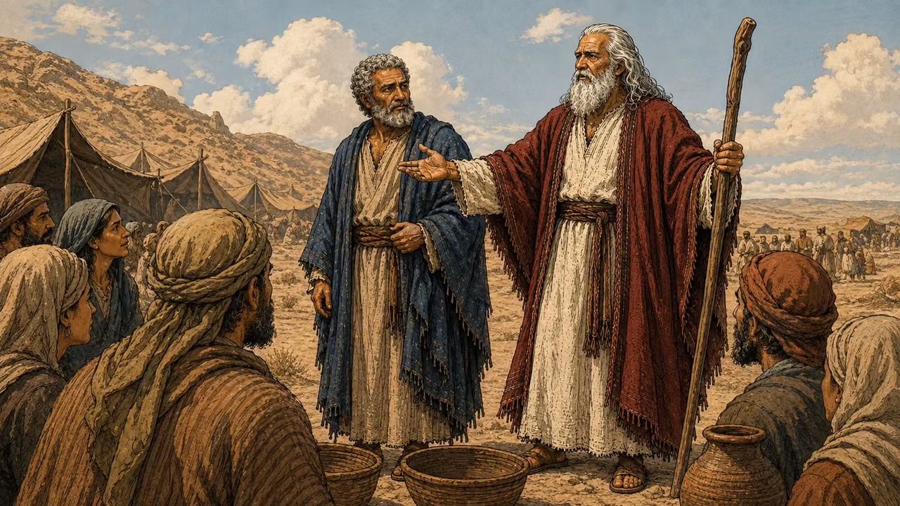 Exodus 16:4-8. Bread for each day. Moses and Aaron address listening Hebrew households beside empty storage bowls and tents. Moses gestures calmly as Aaron stands attentively beside him, families hopeful but still hungry. No food falling from sky, no actual manna or quail yet, no visible deity. Bronze Age Exodus setting, not first-century staging. One 16:9 single scene. No text or lettering.