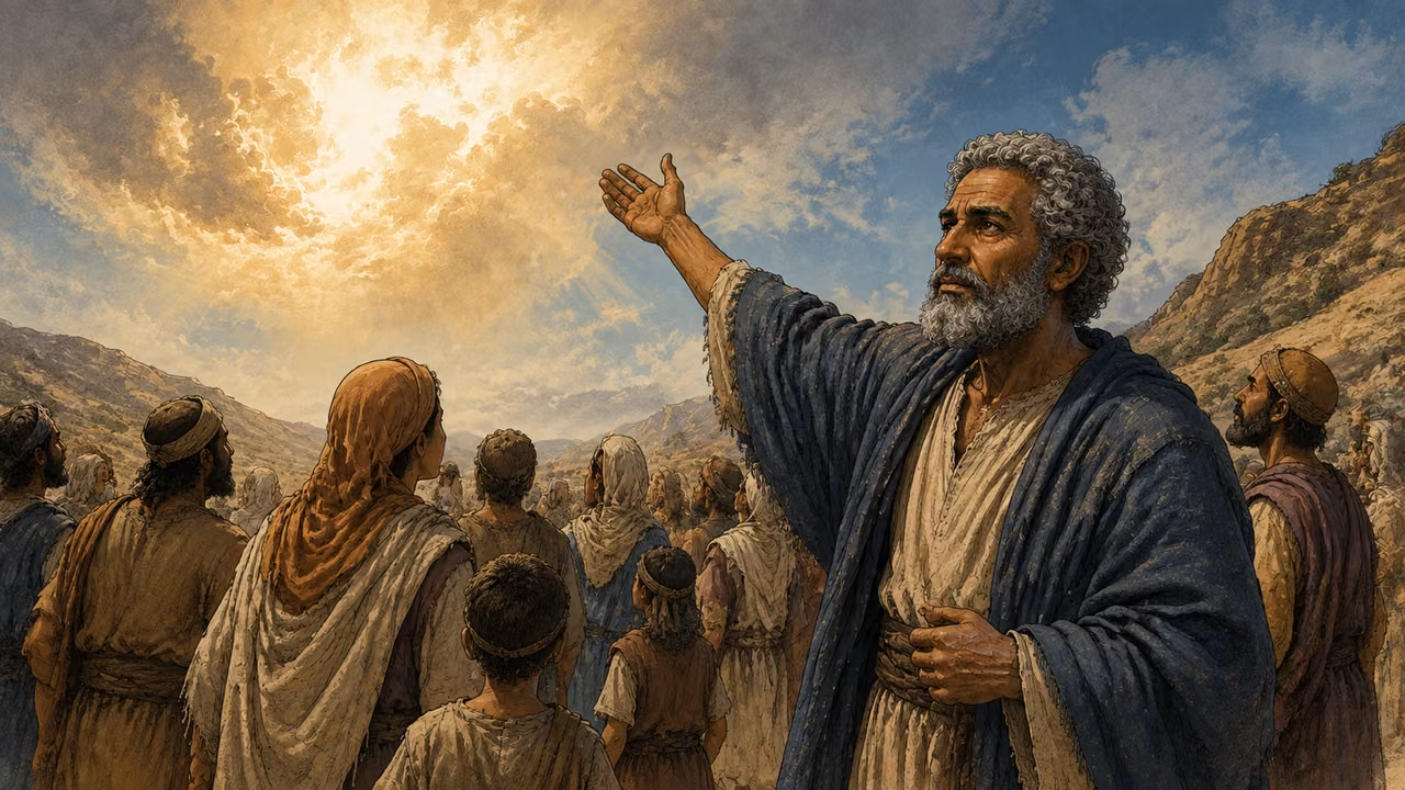Exodus 16:9-12. Glory in the cloud. Aaron faces the congregation and gestures toward a luminous cloud over the wilderness; Hebrew families turn together toward its light. His short gray curls, rounded beard and indigo mantle match reference. No face, body, wings or figure in the cloud, no food falling yet. Bronze Age Exodus setting, not first-century staging. One 16:9 single scene. No text or lettering.