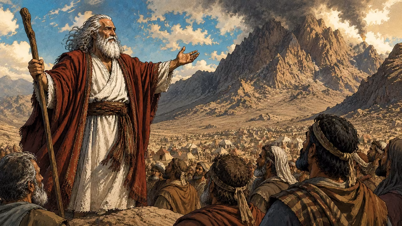 Exodus 19:1-8. At Sinai. Israelite camp at the mountain foot; Moses addresses gathered elders. Bronze Age Exodus setting, not first-century staging. One 16:9 single scene. No text or lettering.