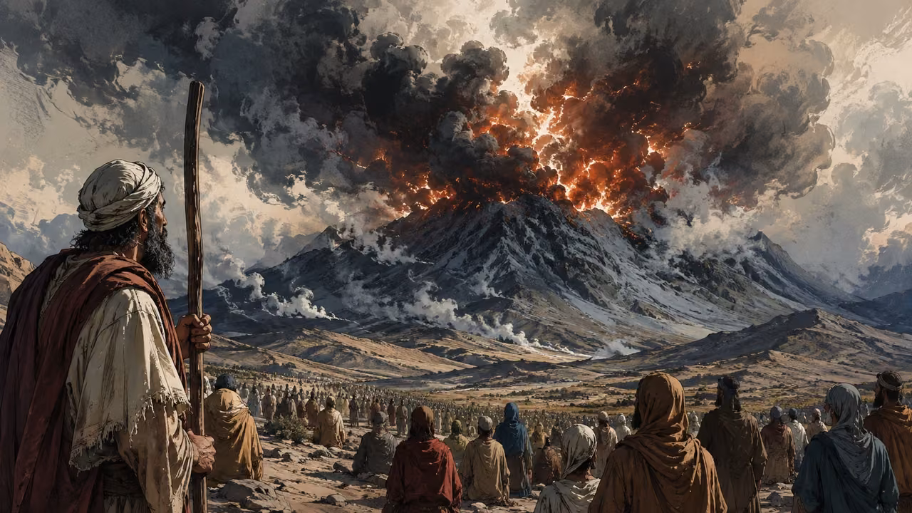 Exodus 19:16-25. The mountain trembles. Sinai veiled in dense cloud and fire, people remain below boundary; no human deity in sky. Bronze Age Exodus setting, not first-century staging. One 16:9 single scene. No text or lettering.