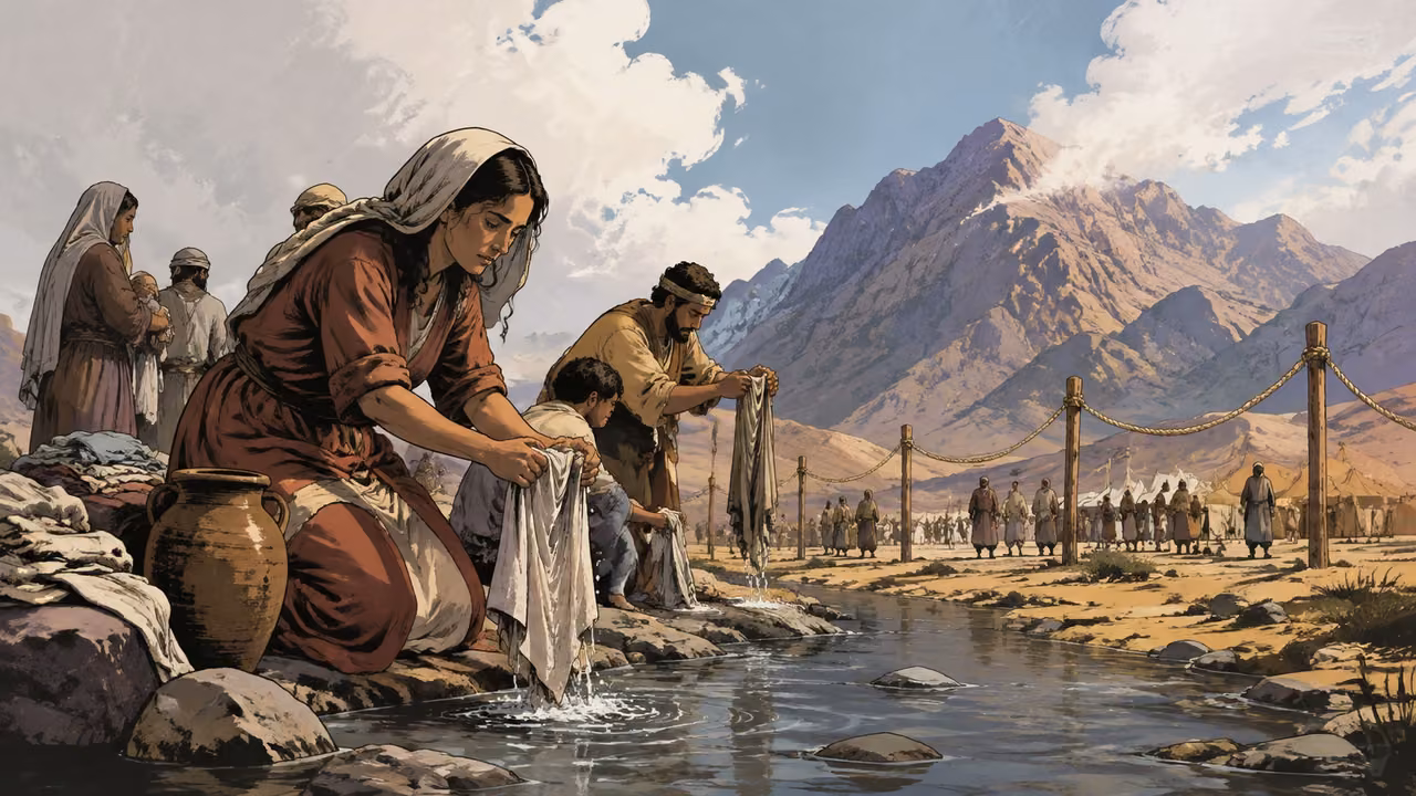 Exodus 19:9-15. Prepare to meet God. Families wash garments beside water; a clearly marked boundary near mountain visible in distance. Bronze Age Exodus setting, not first-century staging. One 16:9 single scene. No text or lettering.