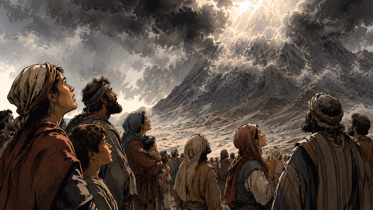 Exodus 20:1-17. The words of the covenant. Close foreground of ordinary Hebrew families listening with awe at the foot of Sinai, faces turned toward the cloud-covered mountain. The assembly itself is the focus. No elevated speaker, no Moses, no named leader, no tablets, no deity figure and no lettering. Bronze Age Exodus setting, not first-century staging. One 16:9 single scene. No text or lettering.