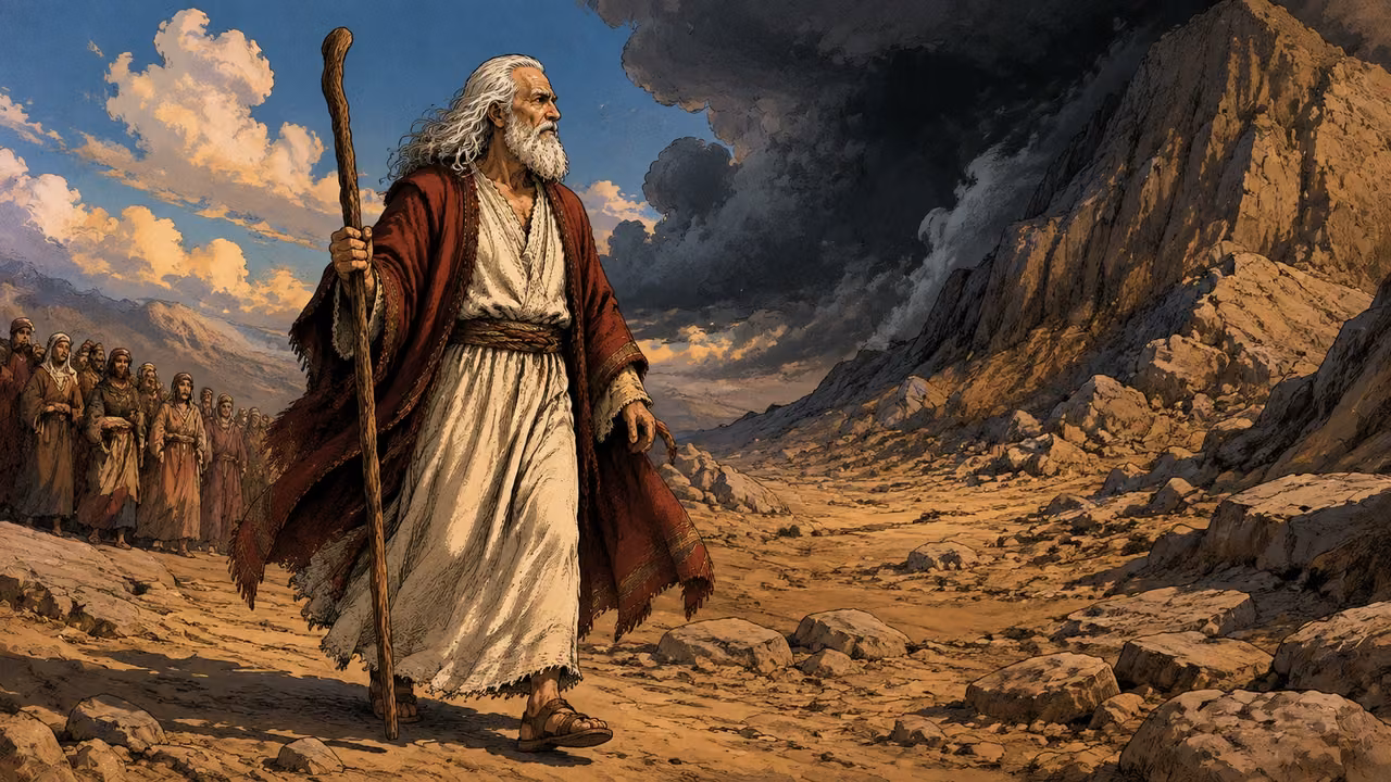 Exodus 20:18-26. Fear and approach. Moses walks toward the dark cloud while the assembly stays behind. Bronze Age Exodus setting, not first-century staging. One 16:9 single scene. No text or lettering.