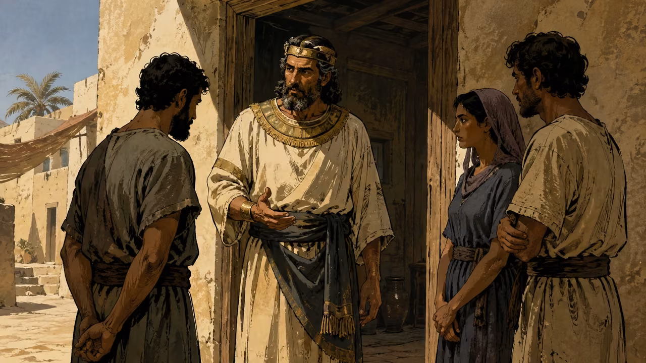Exodus 21:1-11. Servitude and obligation. Instructional visual essay: a household doorway, adult servants and household head in sober conversation; no romanticized bondage. Bronze Age Exodus setting, not first-century staging. One 16:9 single scene. No text or lettering.