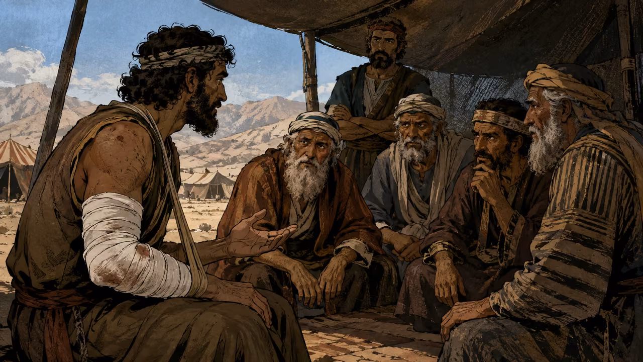 Exodus 21:12-27. Life and bodily harm. Instructional visual essay: elders listen to an injured adult with bandaged arm in camp; no invented verdict. Bronze Age Exodus setting, not first-century staging. One 16:9 single scene. No text or lettering.