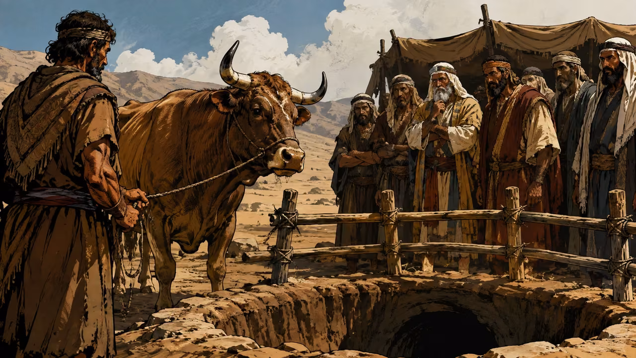 Exodus 21:28-37. Responsibility for loss. Instructional visual essay: an ox near a fenced pit, a watchful herdsman and camp elders. Bronze Age Exodus setting, not first-century staging. One 16:9 single scene. No text or lettering.