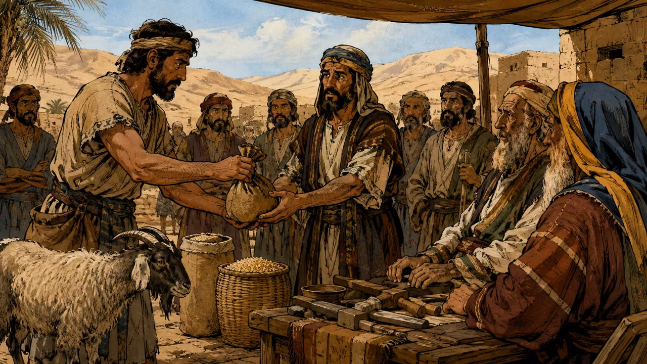 Exodus 22:1-14. Restitution and trust. Instructional tableau of grain measures, borrowed tools and livestock being accounted for before elders. Bronze Age Exodus setting, not first-century staging. One 16:9 single scene. No text or lettering.