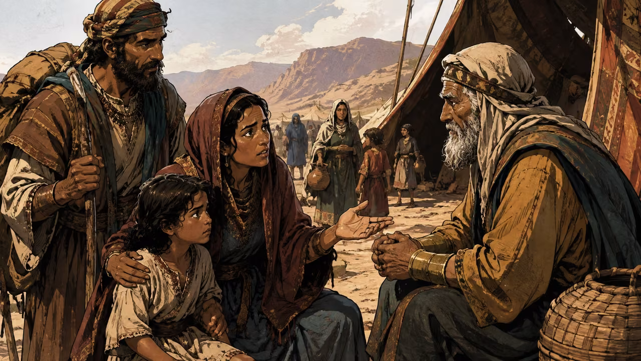 Exodus 22:15-23. Protect the vulnerable. An elder listens respectfully to a widow and child with a traveler beside them; inclusive camp scene. Bronze Age Exodus setting, not first-century staging. One 16:9 single scene. No text or lettering.