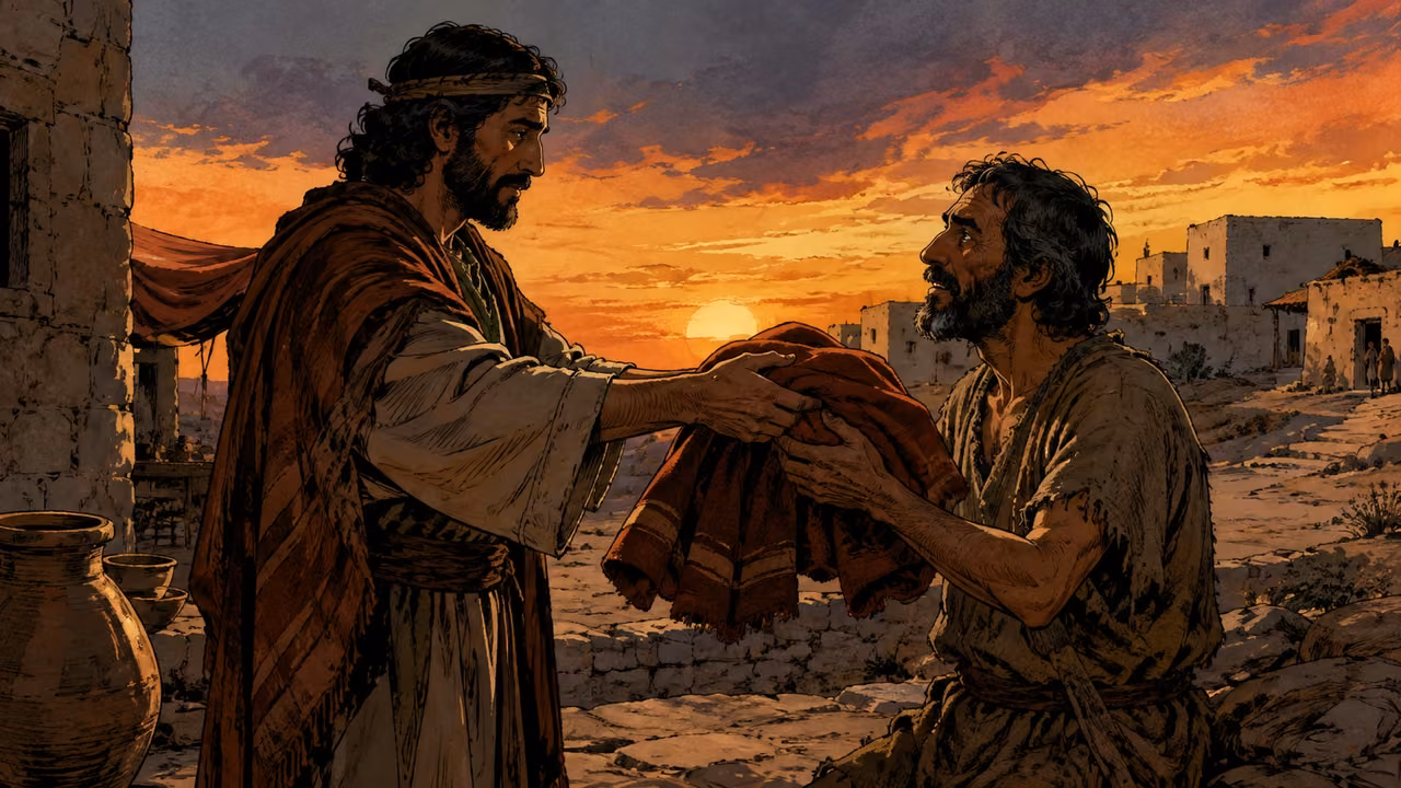 Exodus 22:24-30. Compassion and holiness. A lender returns a warm cloak to a poor neighbor at sunset; instructional example, not named historical event. Bronze Age Exodus setting, not first-century staging. One 16:9 single scene. No text or lettering.