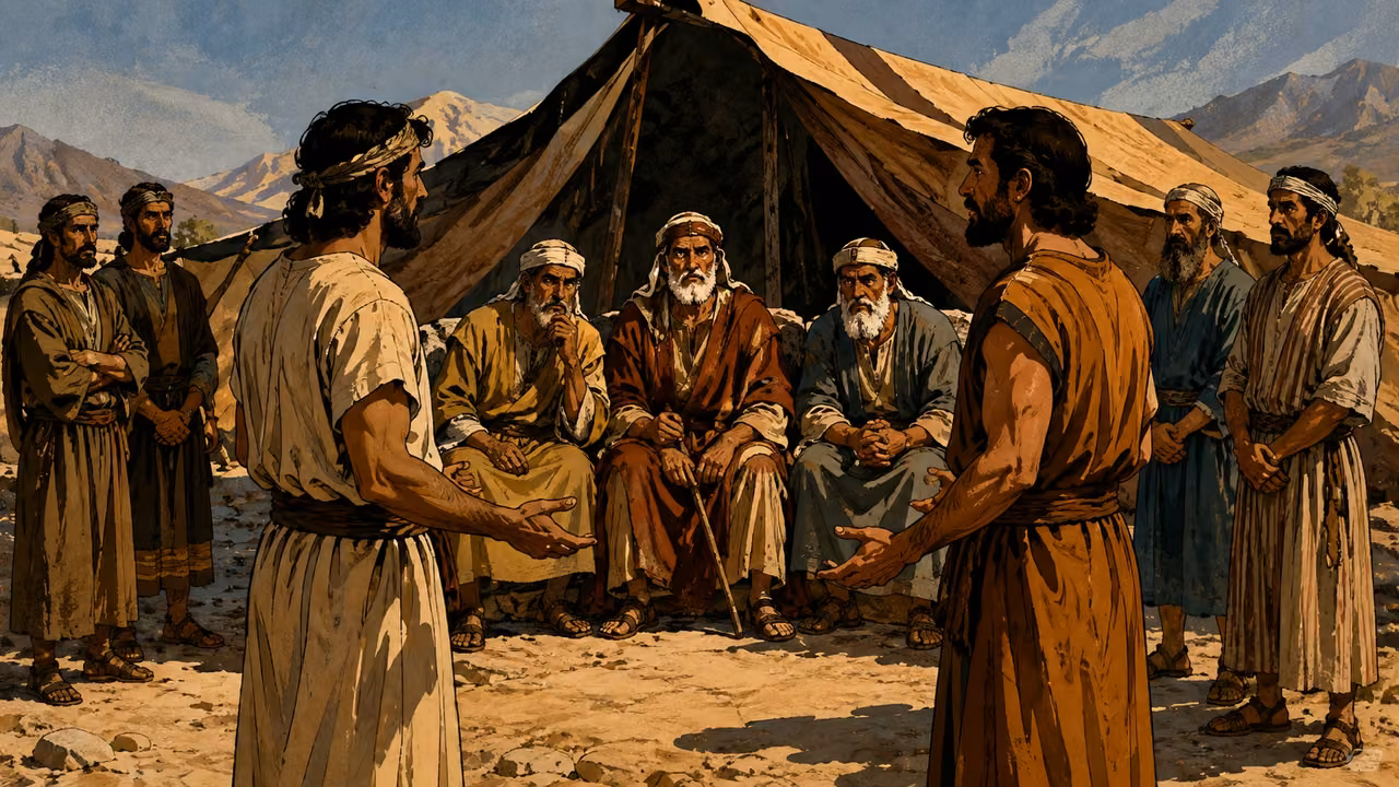 Exodus 23:1-9. Justice without distortion. Camp elders listen to two disputants without favoritism; witnesses stand separately. Bronze Age Exodus setting, not first-century staging. One 16:9 single scene. No text or lettering.
