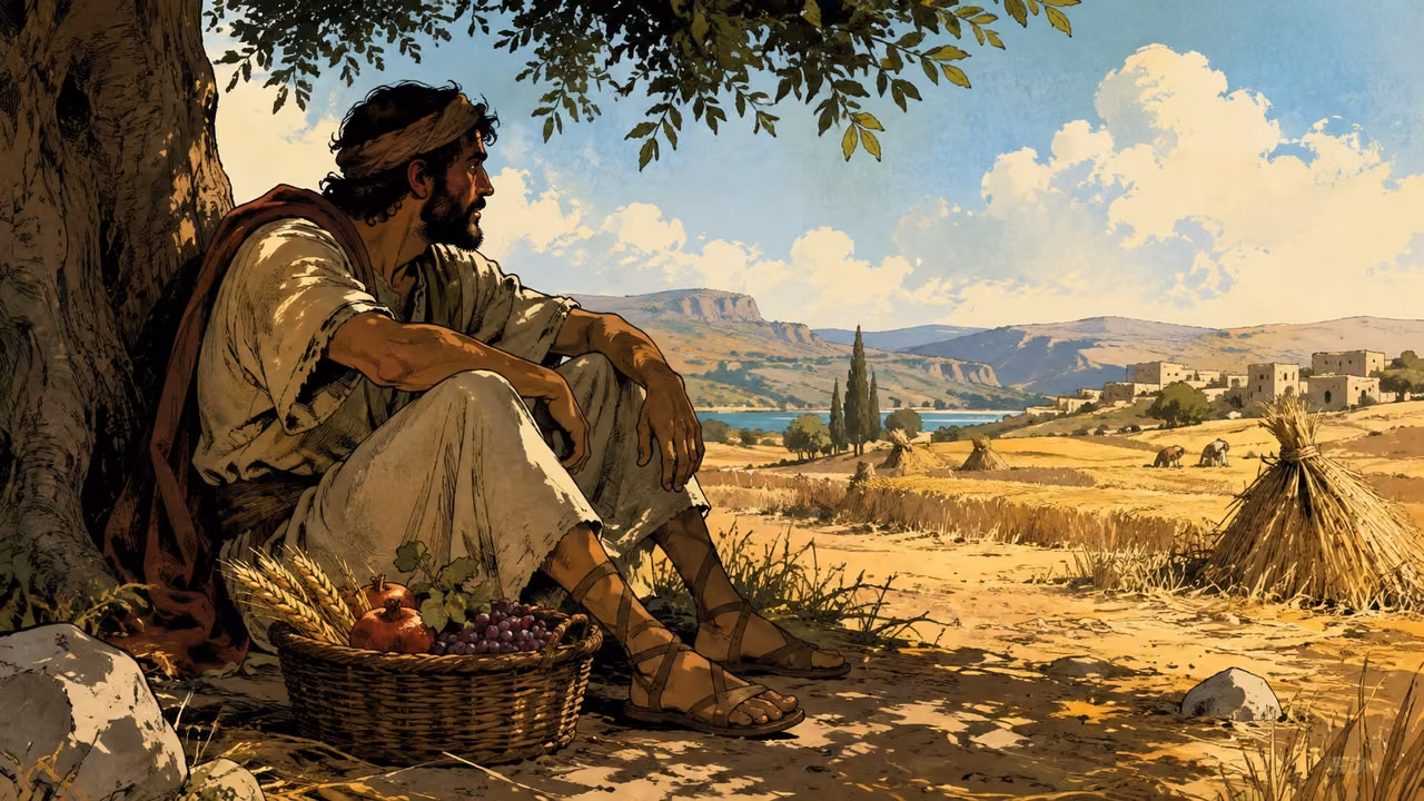 Exodus 23:10-19. Rest and appointed feasts. Instructional visual essay: resting field and farmer beside a small basket of firstfruits; no invented future scene presented as current. Bronze Age Exodus setting, not first-century staging. One 16:9 single scene. No text or lettering.