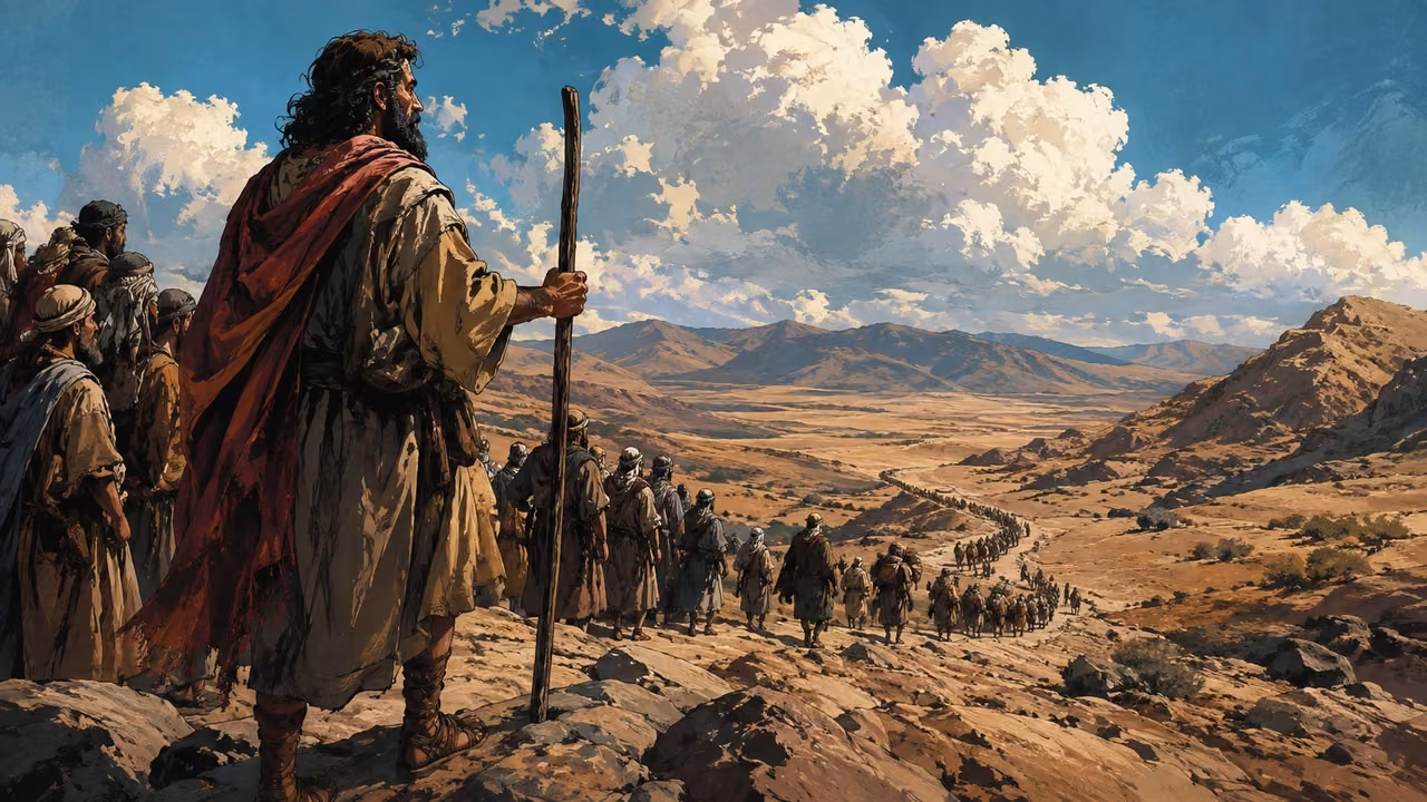 Exodus 23:20-33. The way ahead. Israel’s wilderness path stretches toward distant hills; no conquest depicted as already happening. Bronze Age Exodus setting, not first-century staging. One 16:9 single scene. No text or lettering.